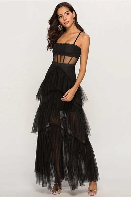 Straps Black Tulle Ruffled Long Maxi Dress Boohoo maxi dresses