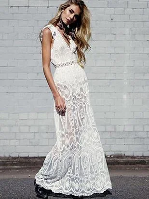 Unique Lace Deep V-neck Backless Hollow Maxi Dress