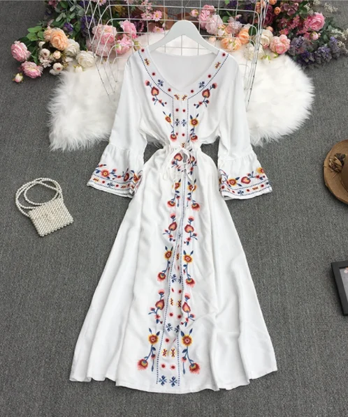 Unique White Embroidered Puff Sleeve Maxi Dress Cheap maxi dresses