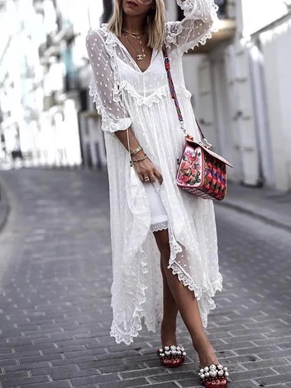 White Romantic V-neck Long Sleeves Maxi Dresses Summer party maxi dresses