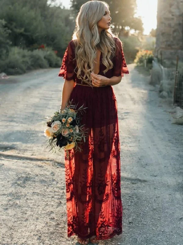 Wine Red Lace Solid Color Short Sleeve Deep V Neck Maxi Dress Winter maxi dresses