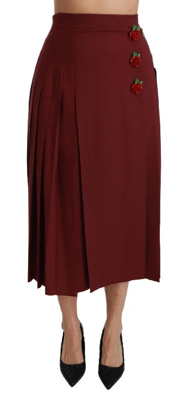 Dolce & Gabbana  Womens Burgundy Pleated Skirt with Rose Buttons Fall unclassified skirts