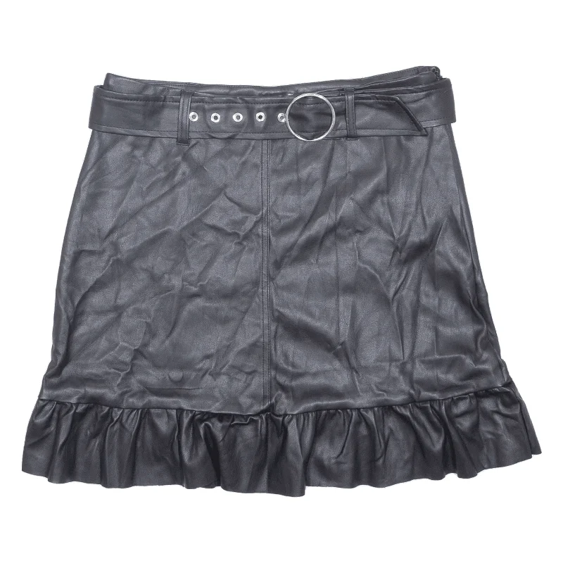 CHICOREE Belted Bottom Frill Womens Straight Skirt Black Short Viscose UK 12 High-Waisted Skater Skirt