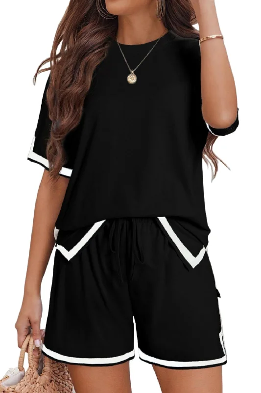 Contrast Trim Half Sleeve Top and Shorts Set Mini Skirt with Pockets