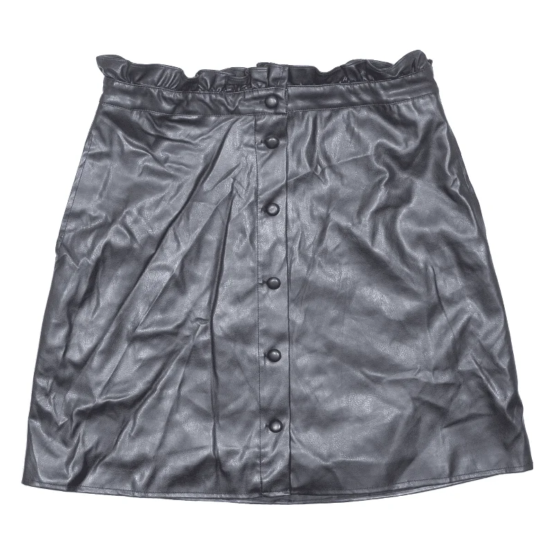 HALLY'S Faux Leather Button Up Frill Short Straight Skirt Black Womens L Summer Skater Skirt