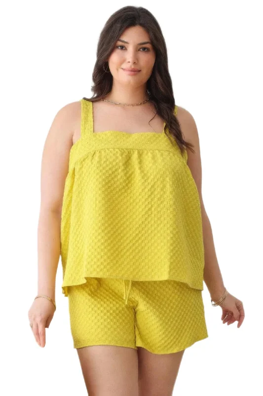 Plus Size Textured Top Elastic Waist Short Sets - Yellow A-line Mini Skirt