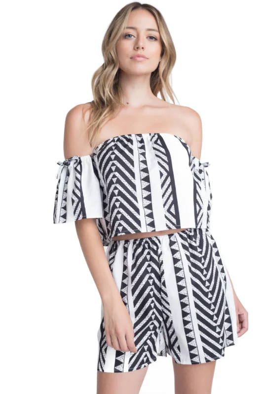 Womens Black & White Off Shoulder 2 Piece Short Set Stretch Mini Skirt