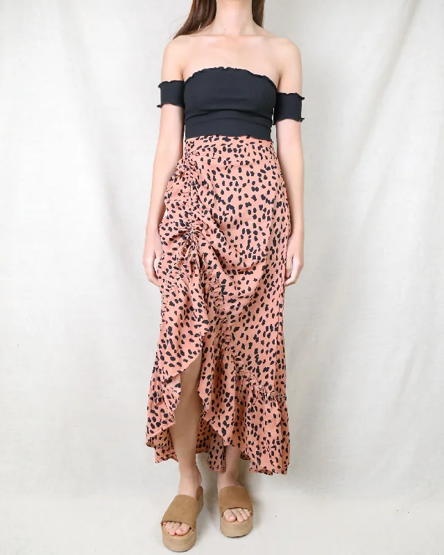 Animal Print Side Ruched Maxi Skirt in Rust Maxi Skirt Glam