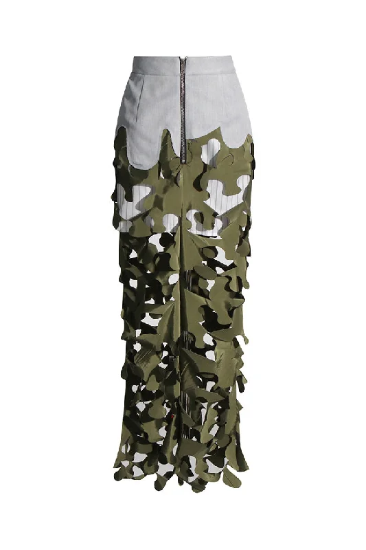 Asymmetric High Waist Exposed Zipper Laser Cut Out Hybrid Maxi Skirt Pleated A-line Skirt