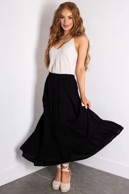 Black Tiered Elastic Waist Woven Maxi Skirt Cozy Maxi Skirt