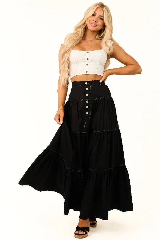 Black Tiered Seam Detail Buttoned Maxi Skirt Maxi Skirt Casual