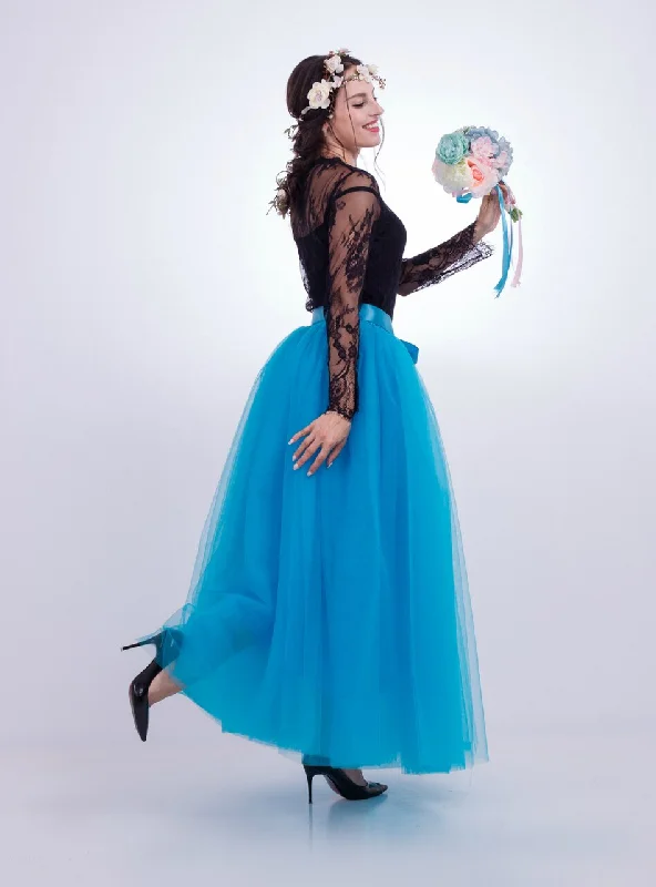 Blue Gauze Mop Floor Long Skirt Front Slit Maxi