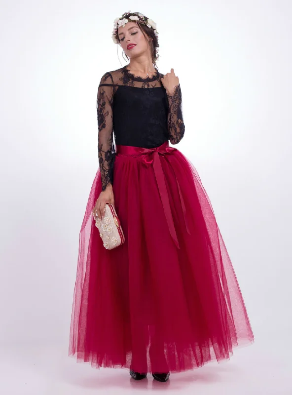 Burgundy Gauze Mop Floor Long Skirt Maxi Skirt Fashion