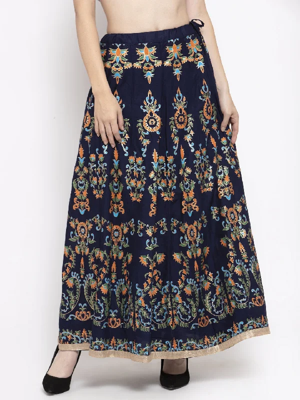 Wahe-NOOR Women's Navy Blue Printed Flared Rayon Maxi Skirt Pleated Floral Maxi