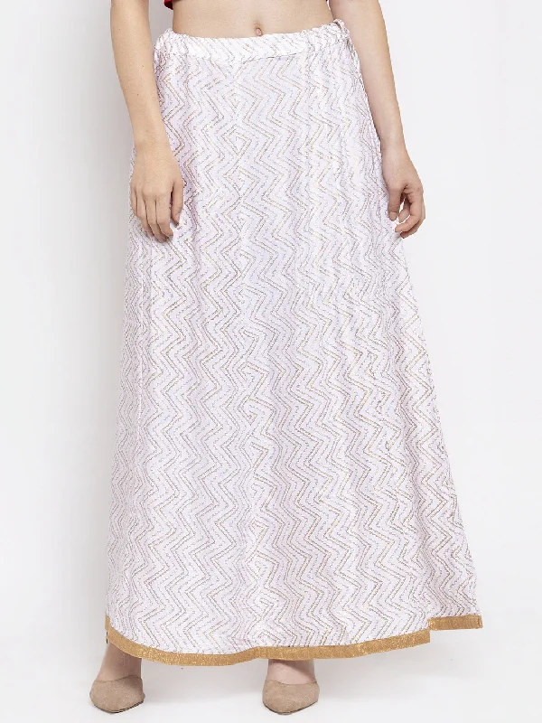 Wahe-NOOR Women's White Zigzag Printed Flared Maxi Skirt Soft Pleated Maxi