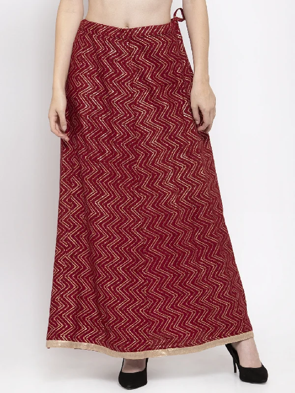 Wahe-NOOR Women's Maroon Zigzag Printed Flared Maxi Skirt Maxi Skirt Trendy