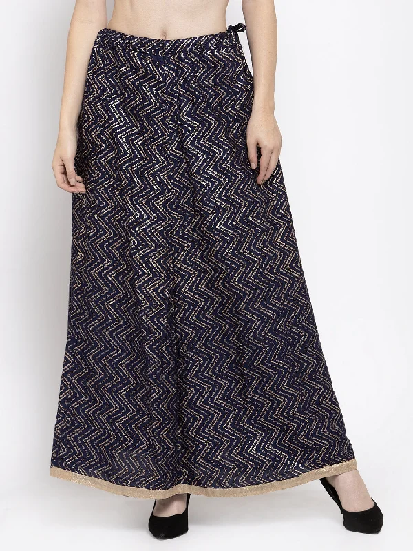 Wahe-NOOR Women's Navy Blue Zigzag Printed Flared Maxi Skirt Front Pocket Maxi