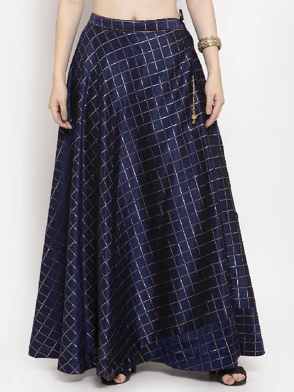 Wahe-NOOR Women's Navy Blue Printed Maxi Skirt Casual Maxi Skirt