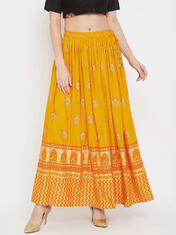 Wahe-NOOR Women's Mustard Flared Printed Maxi Skirt Skirt with Slits