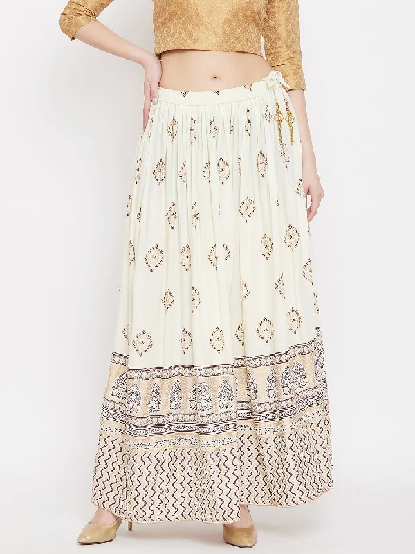 Wahe-NOOR Women's Cream Flared Printed Maxi Skirt Button-up Maxi Skirt