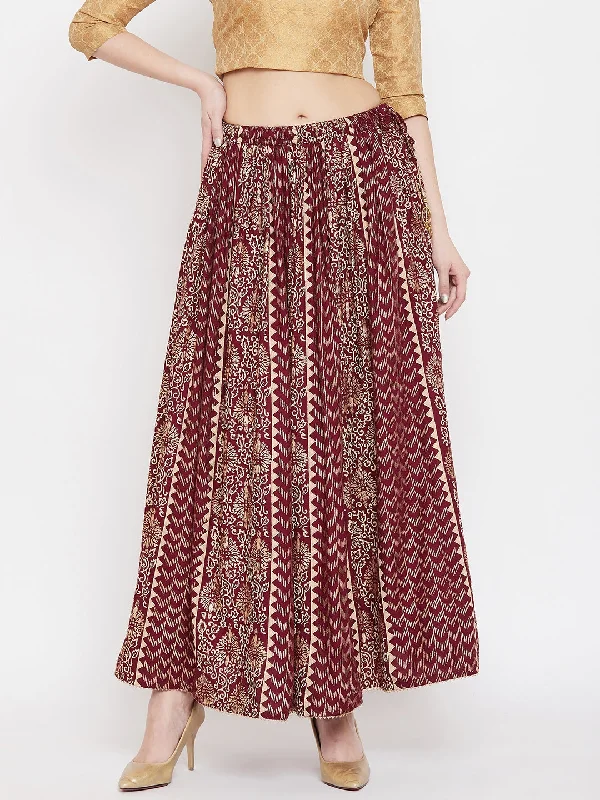 Wahe-NOOR Women's Maroon Printed Rayon Maxi Skirt High-Low Maxi Skirt