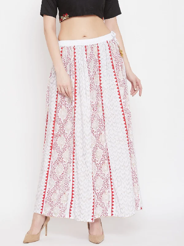 Wahe-NOOR Women's White Printed Rayon Maxi Skirt Soft Pleated Maxi