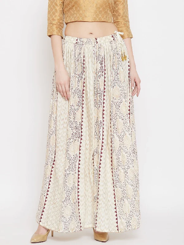 Wahe-NOOR Women's Cream Printed Rayon Maxi Skirt Summer Beach Maxi