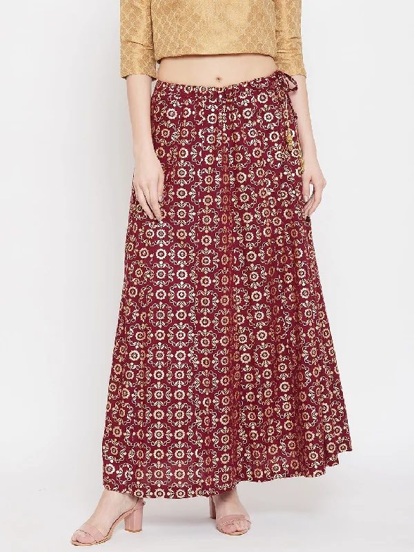 Wahe-NOOR Women's Maroon Printed Rayon Maxi Skirt Stretch Maxi Skirt