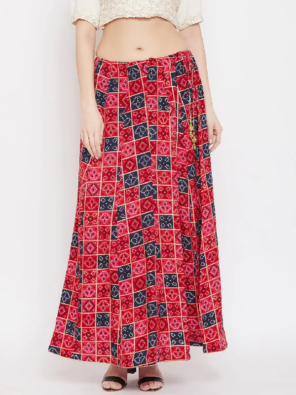 Wahe-NOOR Women's Red Printed Maxi Skirt Sexy Maxi Skirt