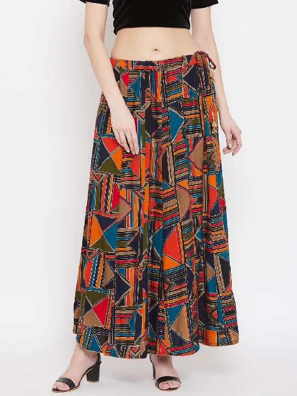 Wahe-NOOR Women's Navy Blue Geometric Print Maxi Skirt Printed Long Skirt