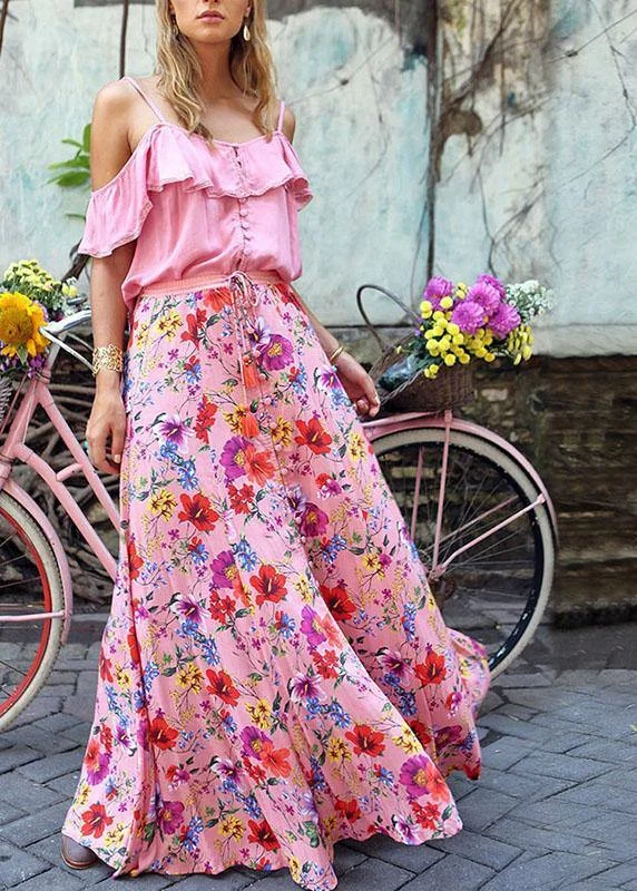 Colorful Floral Print Big Swing Elastic Waist Holiday Casual Long Skirt For Women High-Waist Maxi Skirt