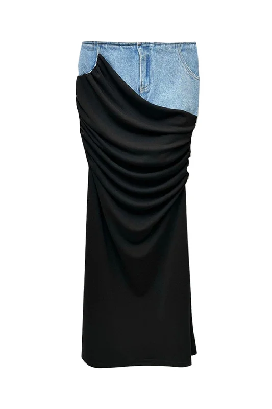 Elegant High Waist Drape Ruched Bodycon Hybrid Denim Maxi Skirt Tulle Maxi Skirt