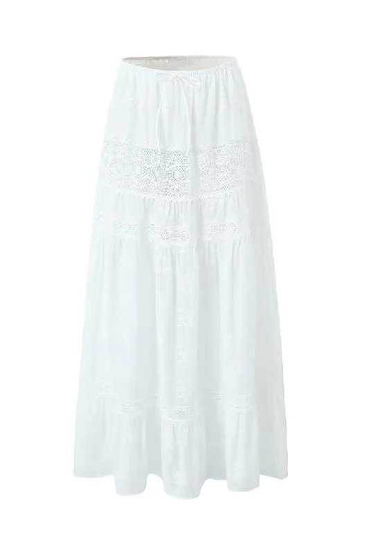 Flowy Bow Tie Gathered High Waist Floral Embroidered Cutwork Tiered Maxi Skirt Soft Maxi Skirt