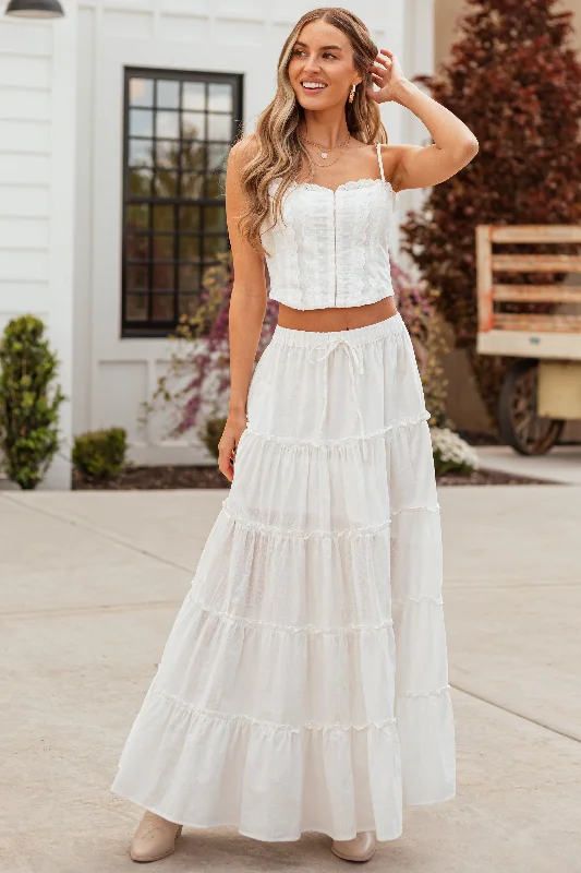 Ivory Tiered Frill Detail Drawstring Maxi Skirt Fitted Maxi Skirt