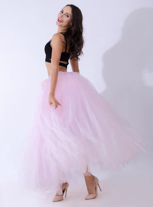 Light Pink Tulle Long Tutu Skirt Satin Maxi Skirt