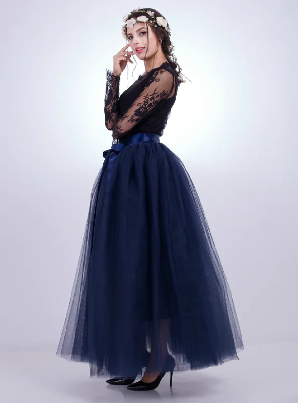 Navy Blue Gauze Mop Floor Long Skirt Long Boho Skirt