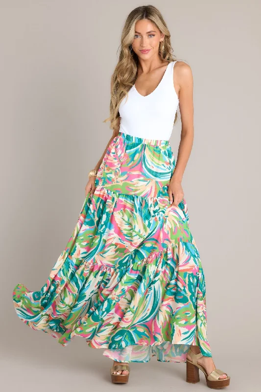 Oceanic Mirage Teal Tropical Print Maxi Skirt Flowy Maxi Skirt