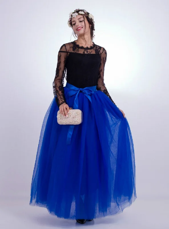 Royal Blue Gauze Mop Floor Long Skirt Printed A-line Maxi