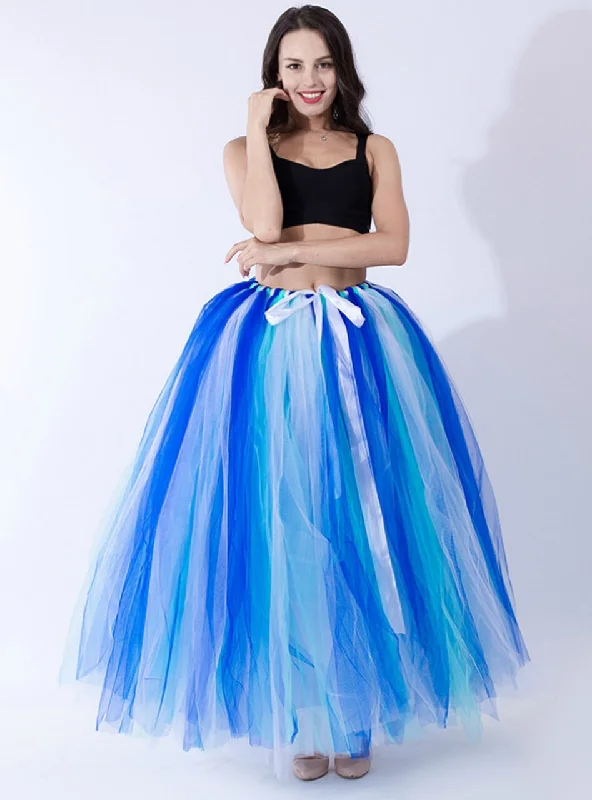 Royal Blue+Green+White Tulle Long Tutu Skirt Floral Maxi Skirt