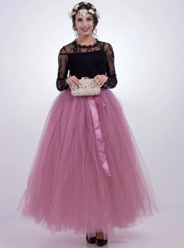 Rubber Pink Tulle Long Tutu Skirt High-Waisted Maxi Skirt