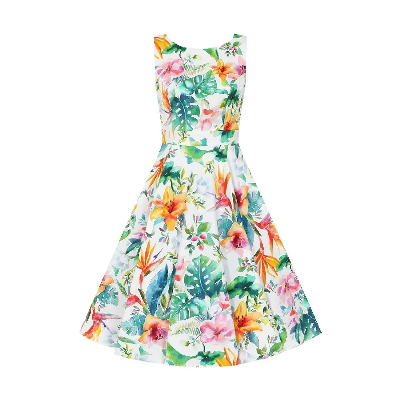 Tropical Print White Floral Summer Swing Party Dress Women's trendy party dresses sale