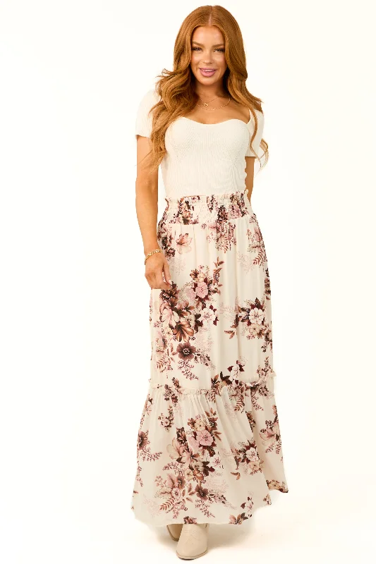 Vanilla Floral Print Smocked Waist Maxi Skirt Long Floral Skirt