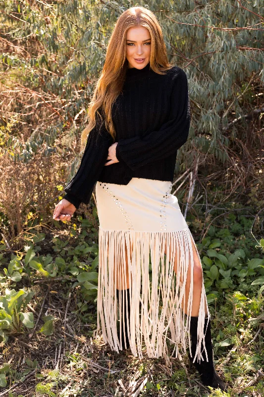 Vanilla Studded Soft Suede Long Fringe Skirt Soft Flow Maxi