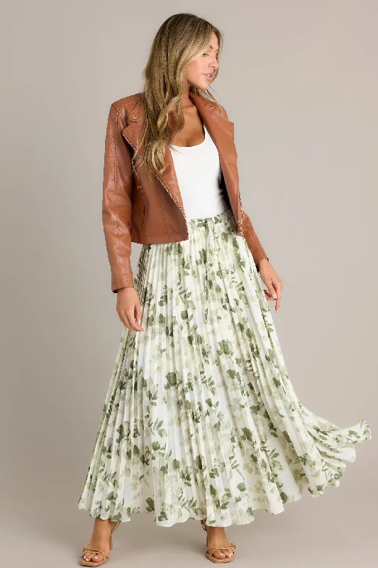 Verdant Garden Green Floral Pleated Maxi Skirt Sexy Long Skirt