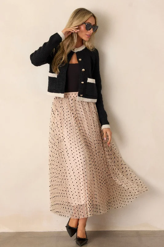 Vintage Wave Beige Tulle Polka Dot Maxi Skirt Front Slit Skirt