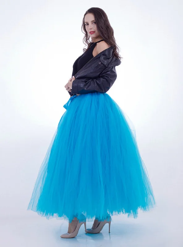 Women Blue Tulle Long Tutu Skirt Pleated Maxi Skirt