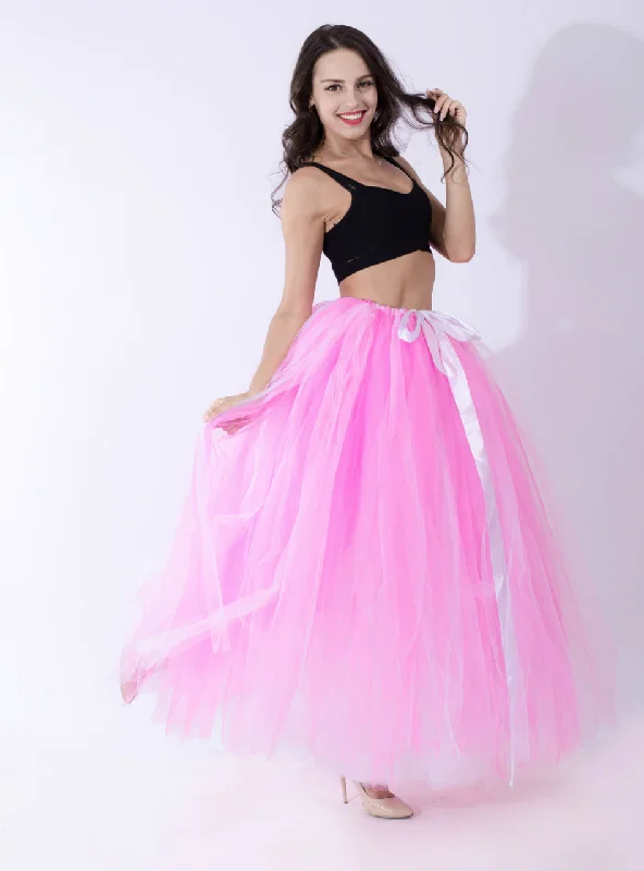 Women's Pink Tulle Long Tutu Skirt Ruffled Maxi Skirt