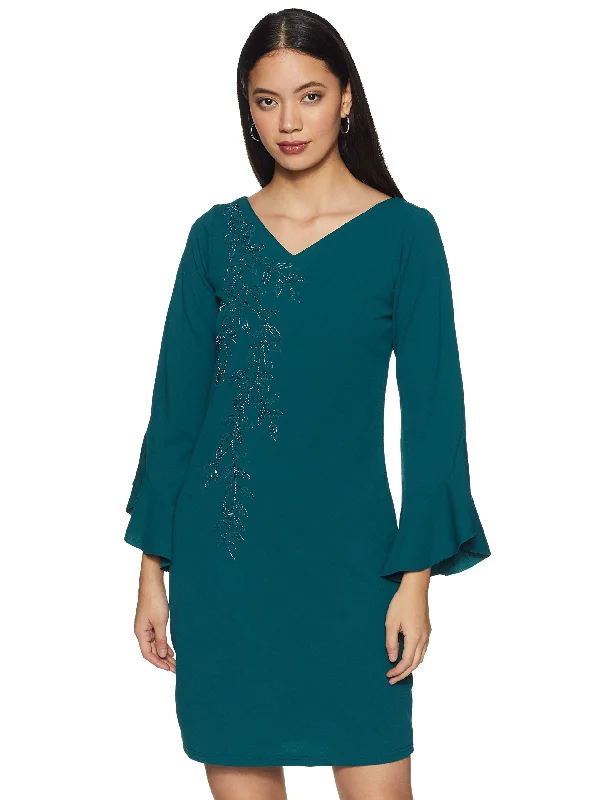 AND Women's Synthetic A-Line Knee Length Dress (Teal) Smocked unclassified dresses