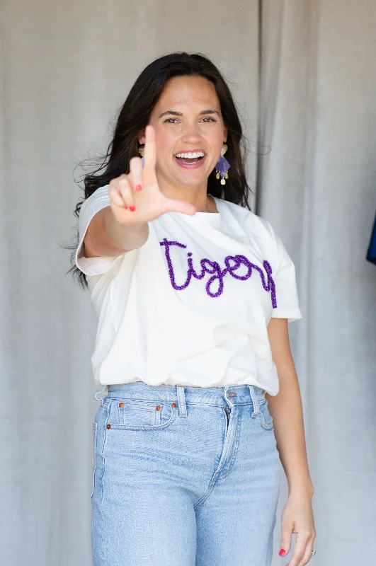 School Spirit Classic Tee with tinsel Script TIGERS (PRE-ORDER) Off-shoulder unclassified dresses