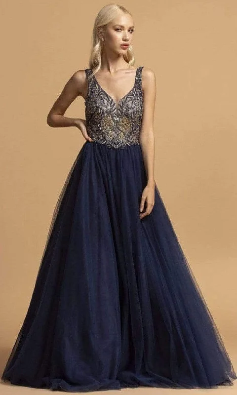 Trevi Collection - L2210 Beaded Plunging V-Neck Simple Prom Dress